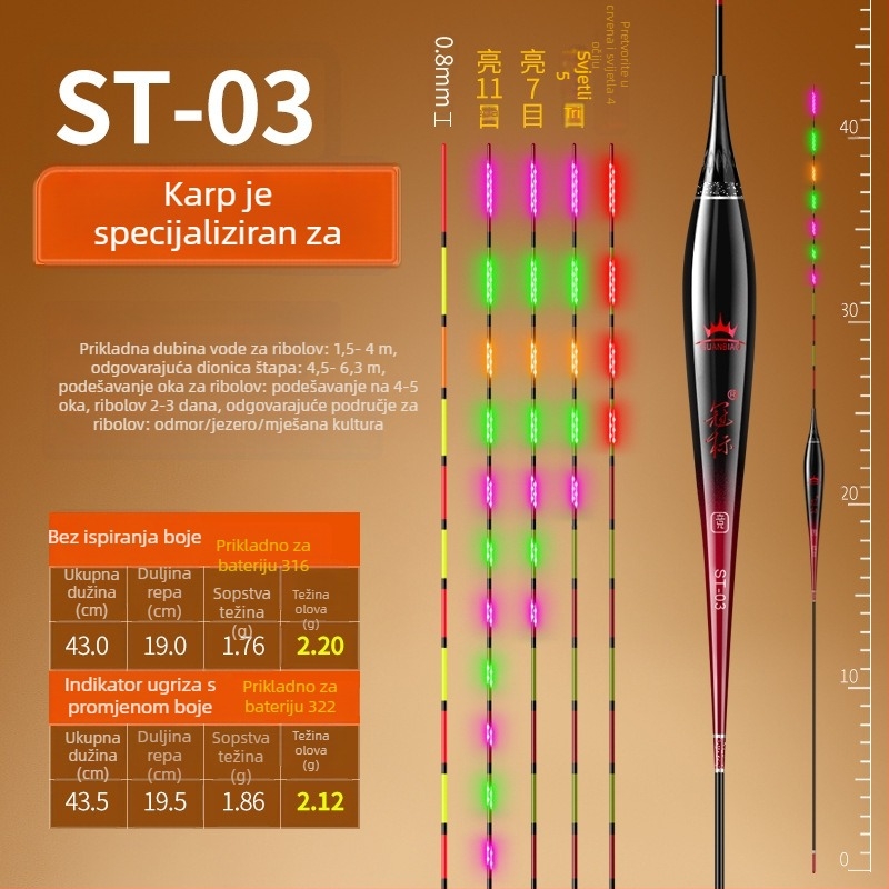 Elektronički plovak za ribolov Crown mark s LED osvjetljenjem, vertikalni drift, nanomaterijal, dnevno/noćni način