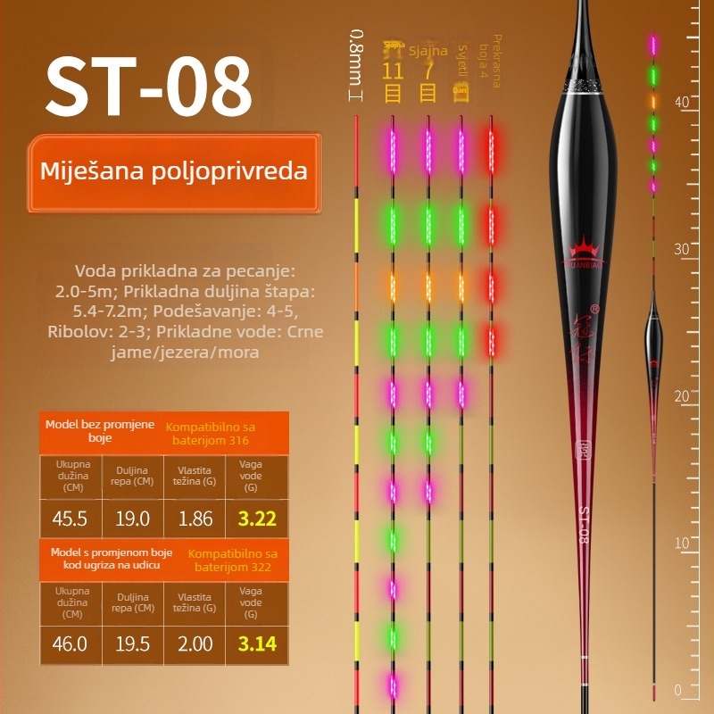 Elektronički plovak za ribolov Crown mark s LED osvjetljenjem, vertikalni drift, nanomaterijal, dnevno/noćni način