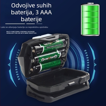 LED čelna lampica 5W, ABS kućište, napajanje 3x AA, 600 mAh, domet 50–100 m, za planinarenje, kampiranje i noćno pecanje
