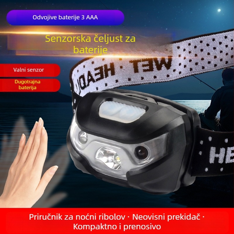 LED čelna lampica 5W, ABS kućište, napajanje 3x AA, 600 mAh, domet 50–100 m, za planinarenje, kampiranje i noćno pecanje
