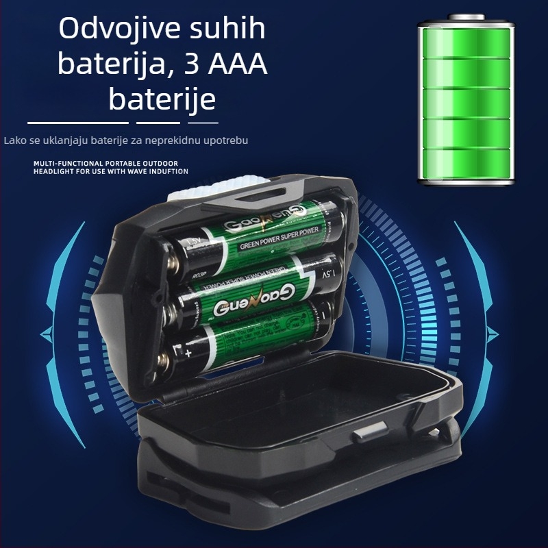 LED čelna lampica 5W, ABS kućište, napajanje 3x AA, 600 mAh, domet 50–100 m, za planinarenje, kampiranje i noćno pecanje