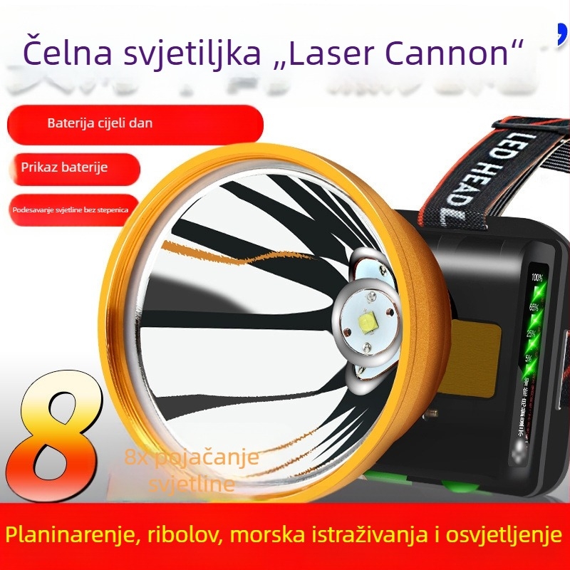 LED čelna lampica, punjiva, dugi domet za noćni ribolov