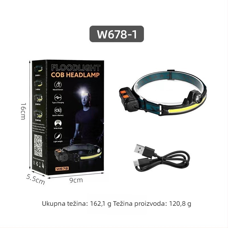 LED čelna lampica za outdoor, za ribolov i kampiranje, USB-C punjenje, 10W, 1200mAh, 360° rotacija, zoom snop, domet 200–500 m