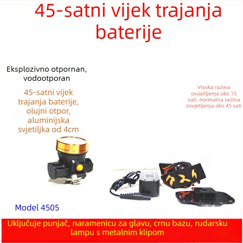 Sigurnosna kaciga s LED čelom lampom za podzemni rad, napajanje putem punjenja, vodootporna, domet preko 500 m