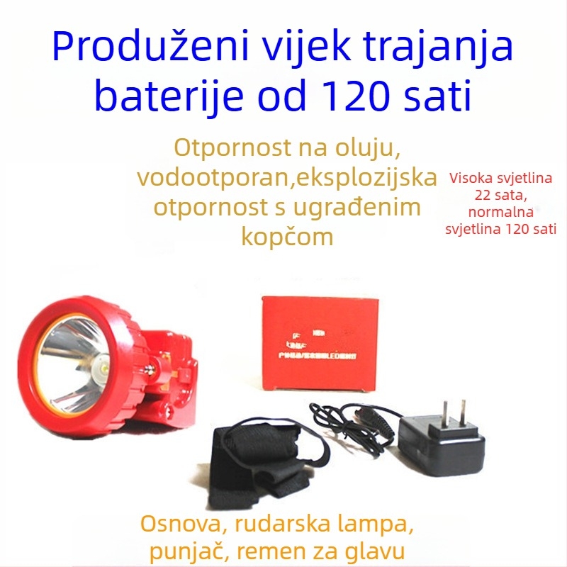 Sigurnosna kaciga s LED čelom lampom za podzemni rad, napajanje putem punjenja, vodootporna, domet preko 500 m