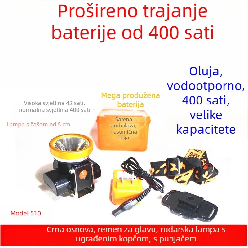 Sigurnosna kaciga s LED čelom lampom za podzemni rad, napajanje putem punjenja, vodootporna, domet preko 500 m