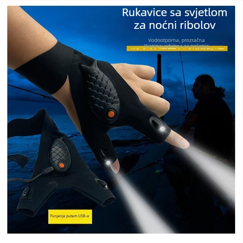 Rukavice s LED svjetlom za ribolov, elastomerno platno, baterijsko napajanje, prozračne, opcije za lijevu/desnu ruku, LED rasvjeta, domet do 50 m