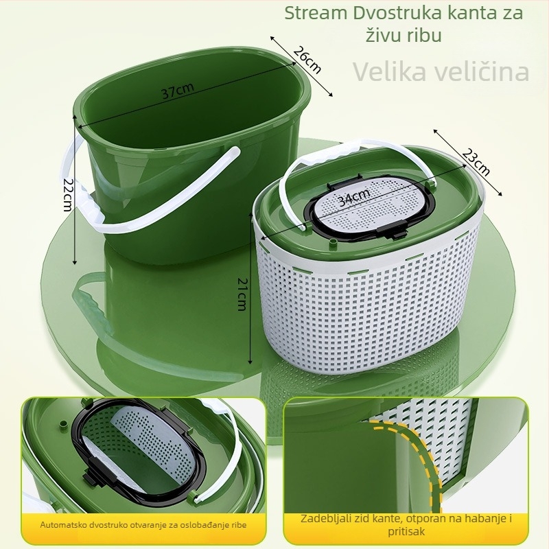 Dvoslojni kofa za žive ribe, plastična, crno-zelena
