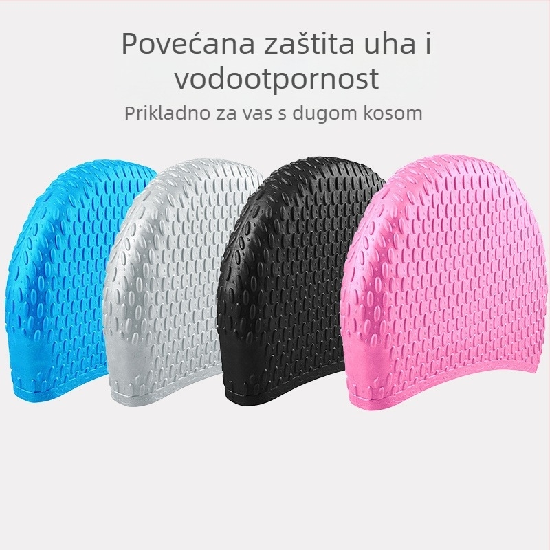 Ženska silikonska kapica za plivanje za odrasle, oblik kapljice vode, povećani mjehurići, superelastična, vodootporna zaštita za uši, zaštita za dugu kosu