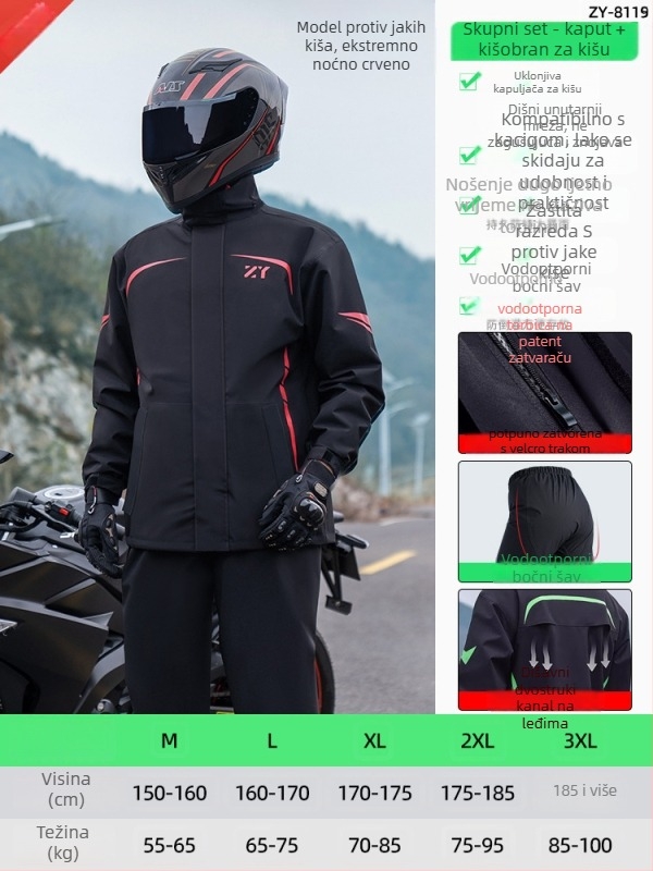 Podijeljeni kišni set za vožnju motociklom i električnim biciklom s reflektirajućim dizajnom, hlače za kišu cijelog tijela za odrasle, tkanina Chunya Spinning, PVC premaz, mogućnost tiska loga