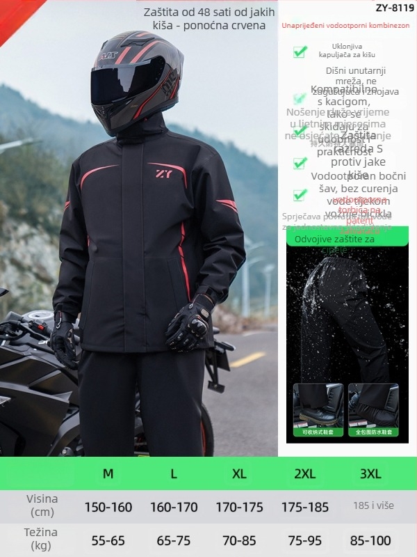 Podijeljeni kišni set za vožnju motociklom i električnim biciklom s reflektirajućim dizajnom, hlače za kišu cijelog tijela za odrasle, tkanina Chunya Spinning, PVC premaz, mogućnost tiska loga