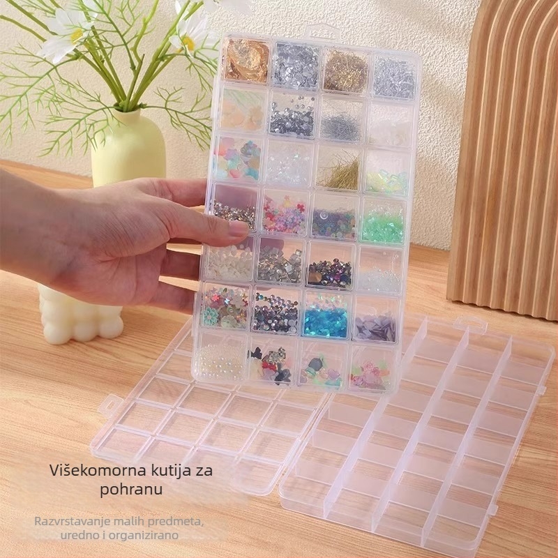 Prozirna kutija za pohranu nakita s 28 odjeljaka i mrežicama za sprječavanje pomicanja – stolni plastični organizator nakita, suvremen stil