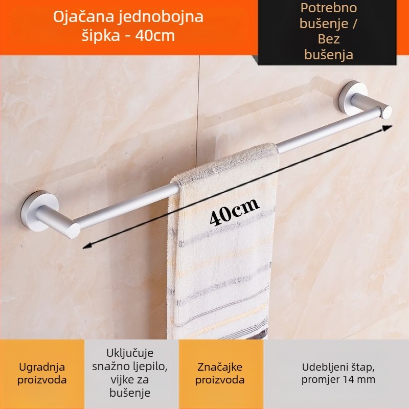 Zidni držač ručnika od aluminijske legure Space Aluminum, jednopolski ili dvopolni, 1 sloj, stil lagan luksuz, nosivost 15 kg