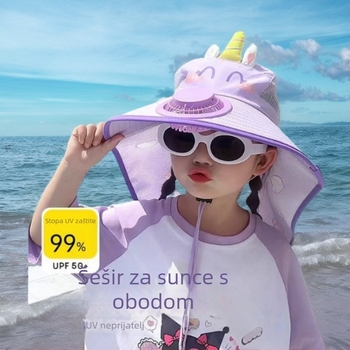 Slatka karikatura jednorog sunčana kapa s ugrađenim ventilatorom i šalom za djevojčice – ljetna kapa s velikim rubom