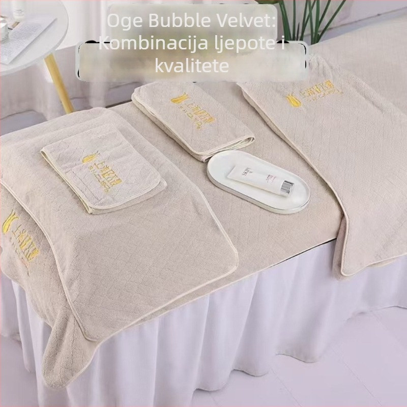 Set posteljine za kozmetički salon od bubble velura, marama za glavu i veliki ručnik za kupanje, graviranje logotipa i završna obrada rubova