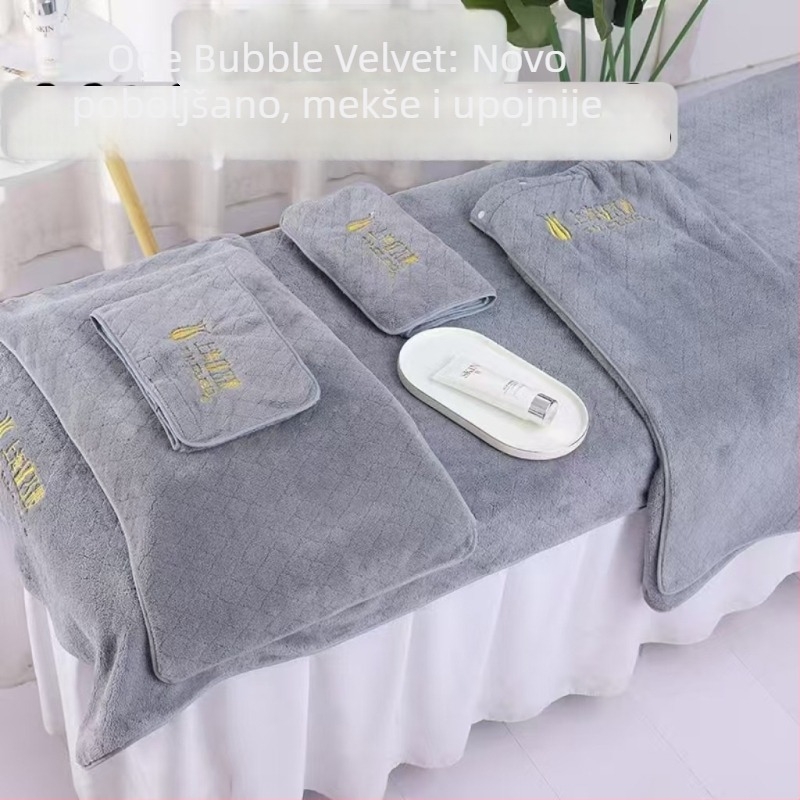 Set posteljine za kozmetički salon od bubble velura, marama za glavu i veliki ručnik za kupanje, graviranje logotipa i završna obrada rubova