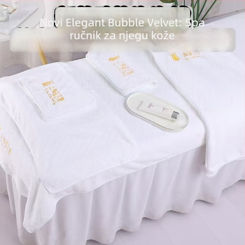 Set posteljine za kozmetički salon od bubble velura, marama za glavu i veliki ručnik za kupanje, graviranje logotipa i završna obrada rubova