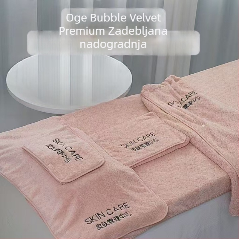 Set posteljine za kozmetički salon od bubble velura, marama za glavu i veliki ručnik za kupanje, graviranje logotipa i završna obrada rubova