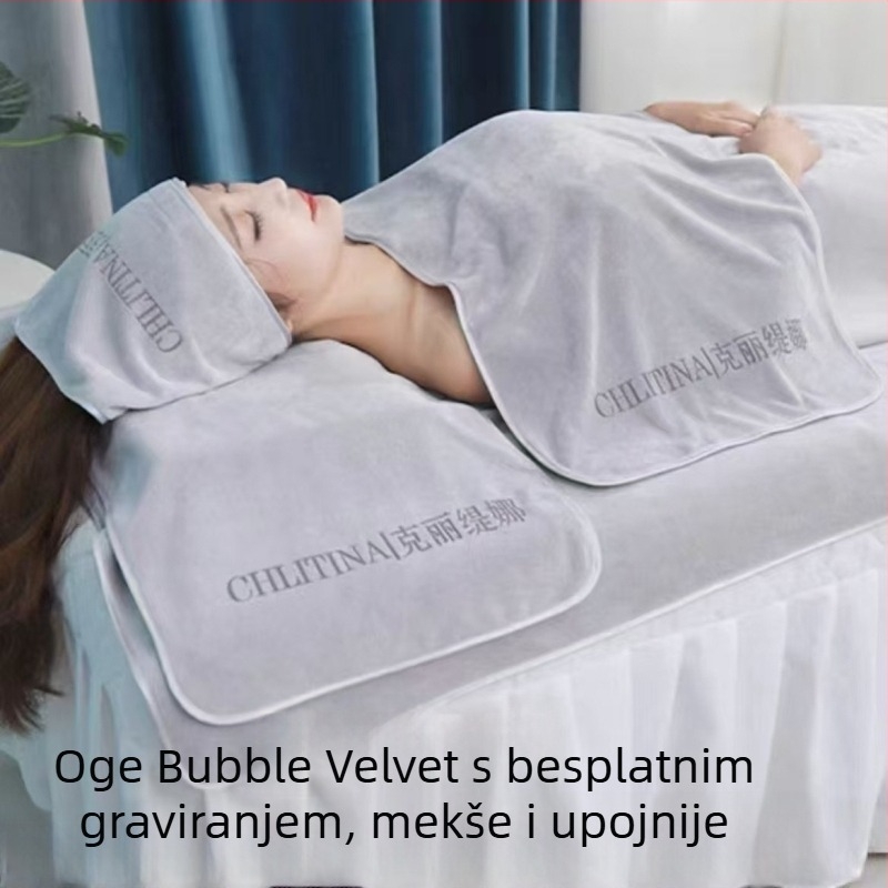 Set posteljine za kozmetički salon od bubble velura, marama za glavu i veliki ručnik za kupanje, graviranje logotipa i završna obrada rubova
