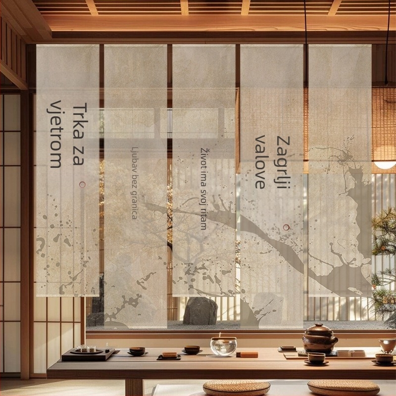 Goblen zavjesa za čajnu sobu, novi kineski stil, poluprozirna poliester tkanina, biljni uzorak, pravokutni oblik, digitalni termotransfer