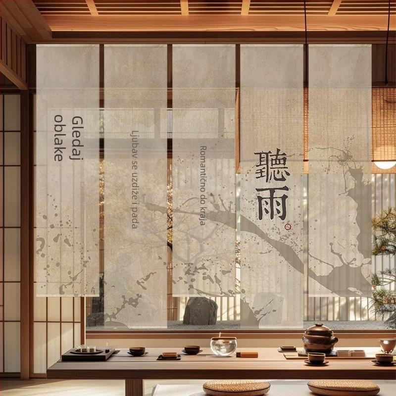 Goblen zavjesa za čajnu sobu, novi kineski stil, poluprozirna poliester tkanina, biljni uzorak, pravokutni oblik, digitalni termotransfer
