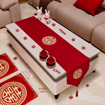 Vjenčani stolnjak za kavu stol s resicama i vezom motiva dvostruke sreće, navlaka za TV ormarić, u PP vrećici