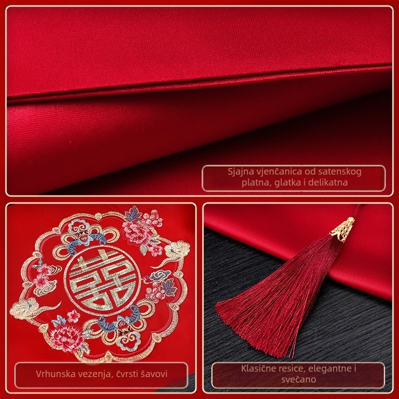 Vjenčani stolnjak za kavu stol s resicama i vezom motiva dvostruke sreće, navlaka za TV ormarić, u PP vrećici