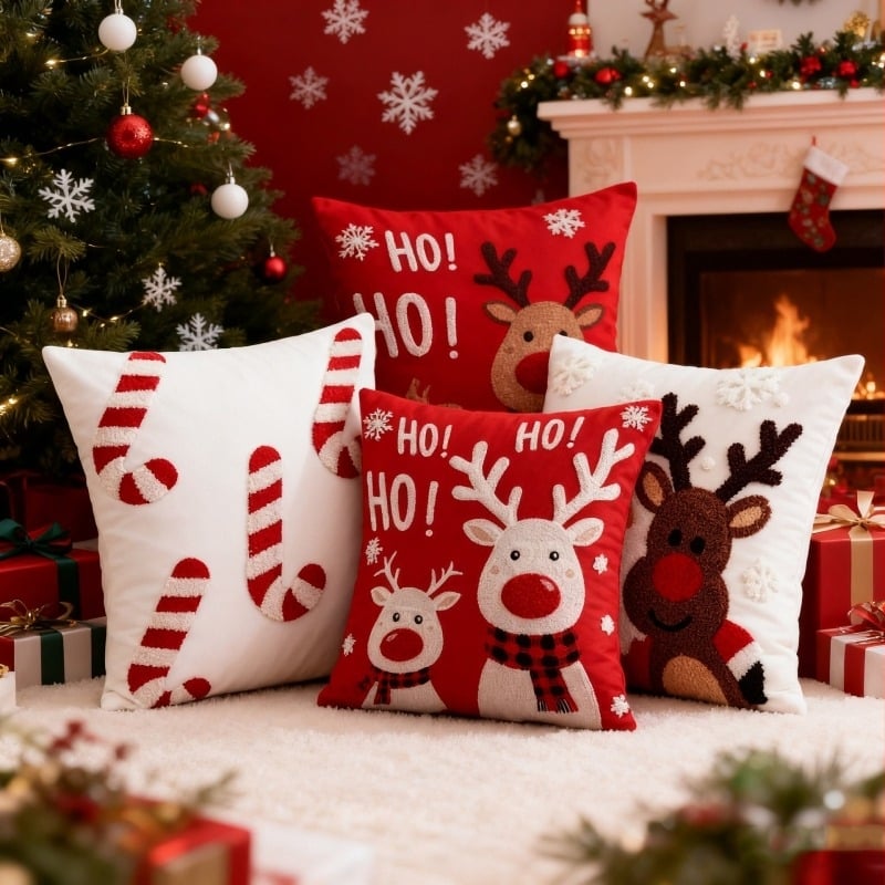 Jastučnica s vezom od ručnika — Božićni motiv Djed Mraz i pahulja snijega; prilagodljivo, moguć ispis logotipa