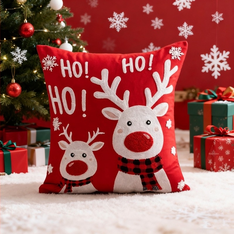 Jastučnica s vezom od ručnika — Božićni motiv Djed Mraz i pahulja snijega; prilagodljivo, moguć ispis logotipa