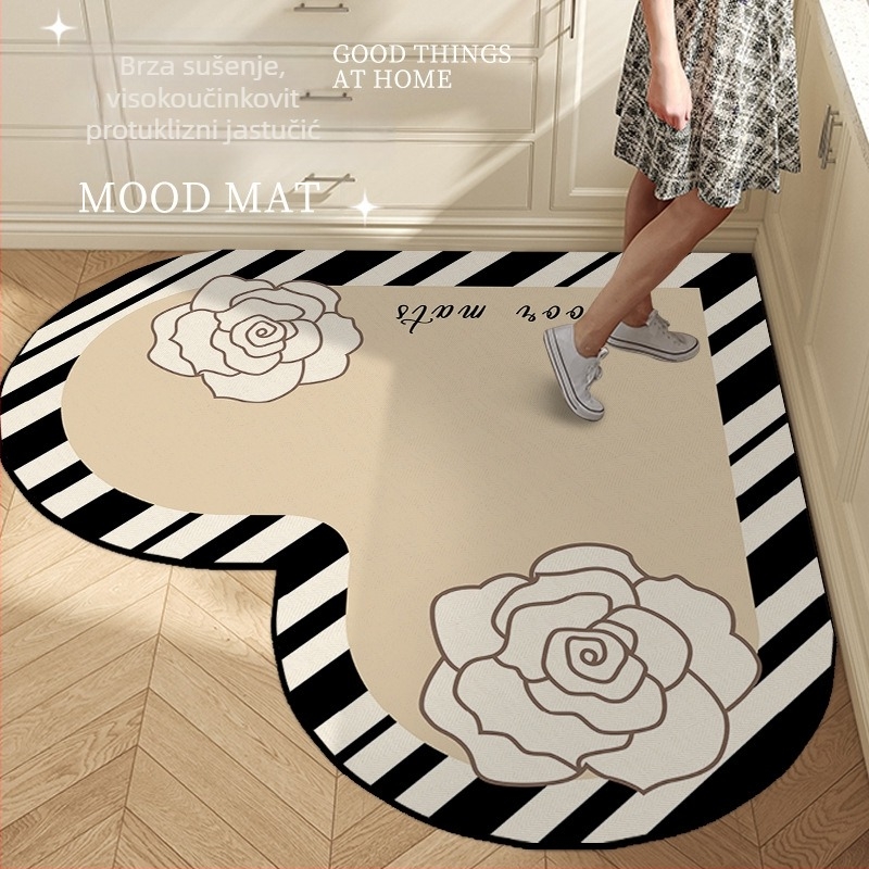 Prostirka kuhinjskog srcolikog oblika s prugastim uzorkom, od poliesterskog vlakna, tisak, strojno pranje, pogodna za blagovaonu, kuhinju, kupaonu, ulaz, balkon, lagan luksuzan stil