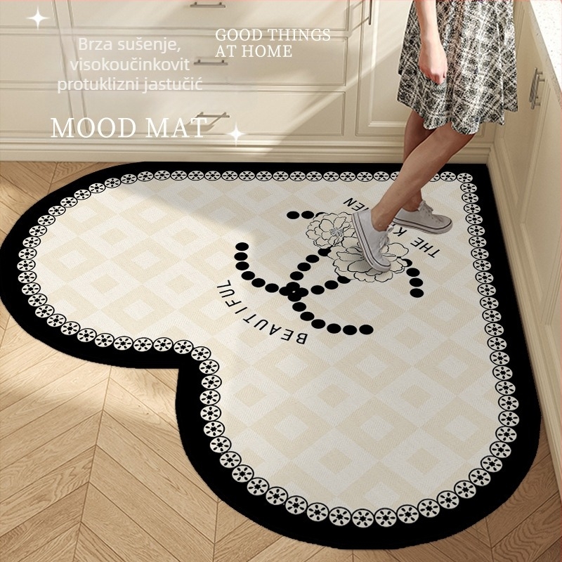 Prostirka kuhinjskog srcolikog oblika s prugastim uzorkom, od poliesterskog vlakna, tisak, strojno pranje, pogodna za blagovaonu, kuhinju, kupaonu, ulaz, balkon, lagan luksuzan stil