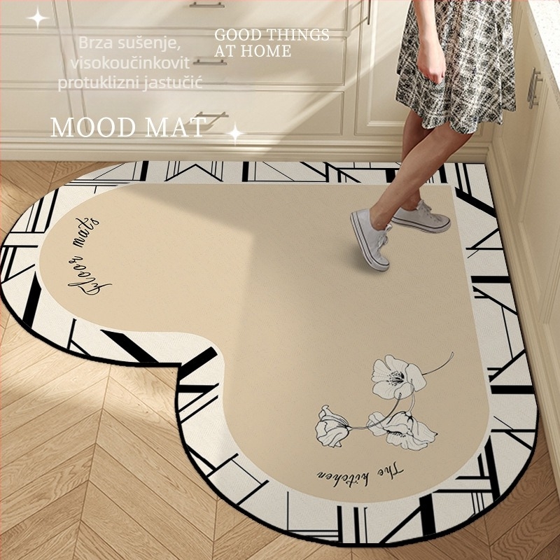 Prostirka kuhinjskog srcolikog oblika s prugastim uzorkom, od poliesterskog vlakna, tisak, strojno pranje, pogodna za blagovaonu, kuhinju, kupaonu, ulaz, balkon, lagan luksuzan stil