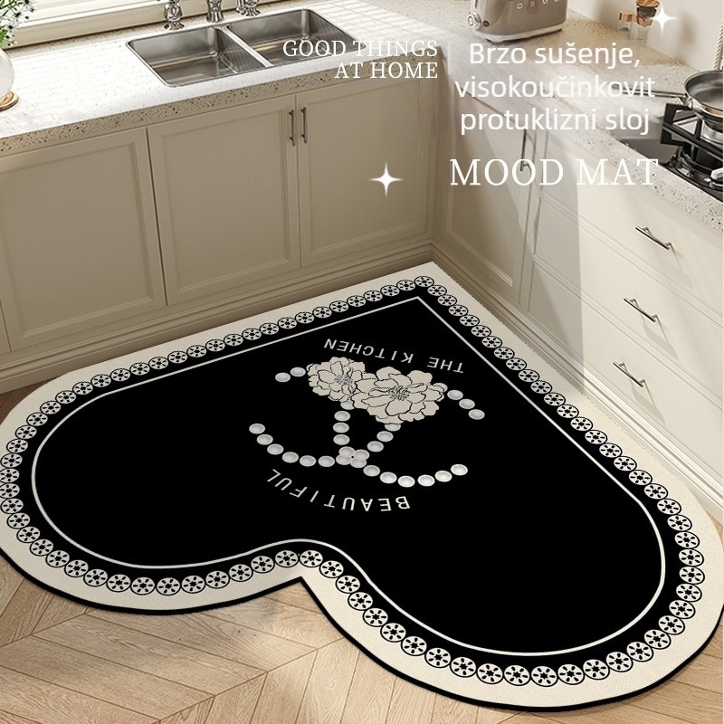 Prostirka kuhinjskog srcolikog oblika s prugastim uzorkom, od poliesterskog vlakna, tisak, strojno pranje, pogodna za blagovaonu, kuhinju, kupaonu, ulaz, balkon, lagan luksuzan stil