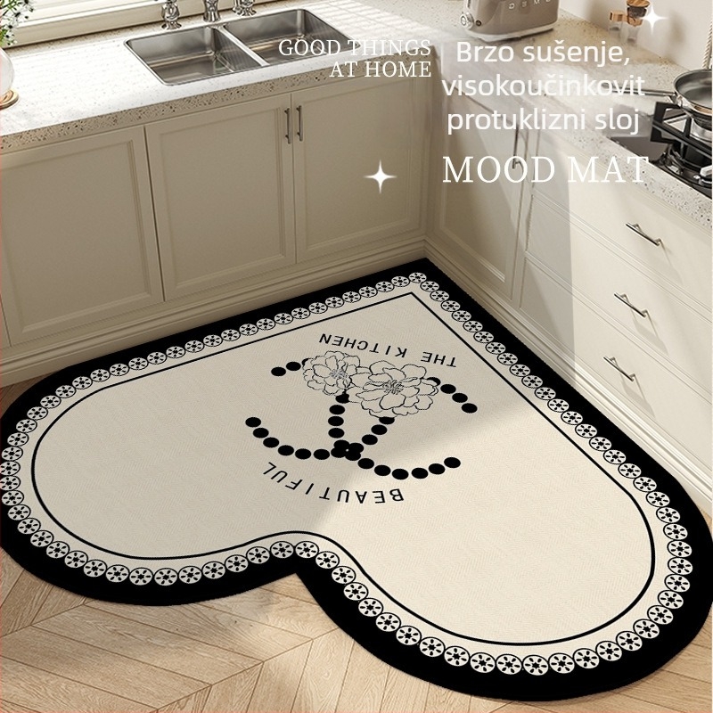 Prostirka kuhinjskog srcolikog oblika s prugastim uzorkom, od poliesterskog vlakna, tisak, strojno pranje, pogodna za blagovaonu, kuhinju, kupaonu, ulaz, balkon, lagan luksuzan stil