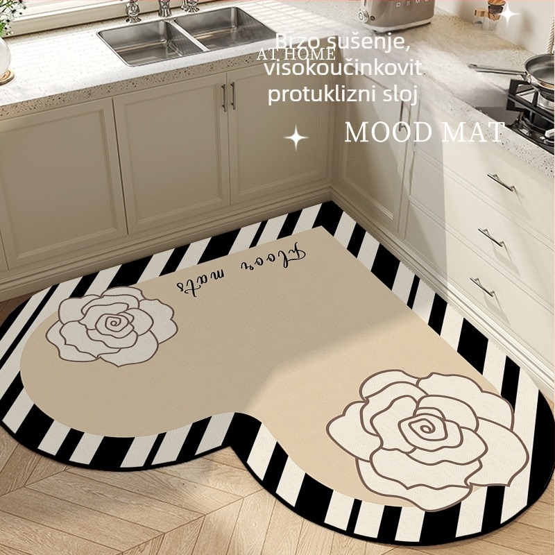 Prostirka kuhinjskog srcolikog oblika s prugastim uzorkom, od poliesterskog vlakna, tisak, strojno pranje, pogodna za blagovaonu, kuhinju, kupaonu, ulaz, balkon, lagan luksuzan stil