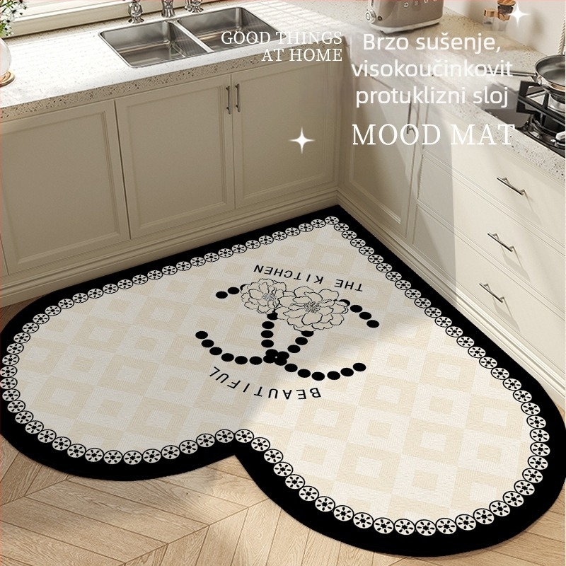 Prostirka kuhinjskog srcolikog oblika s prugastim uzorkom, od poliesterskog vlakna, tisak, strojno pranje, pogodna za blagovaonu, kuhinju, kupaonu, ulaz, balkon, lagan luksuzan stil