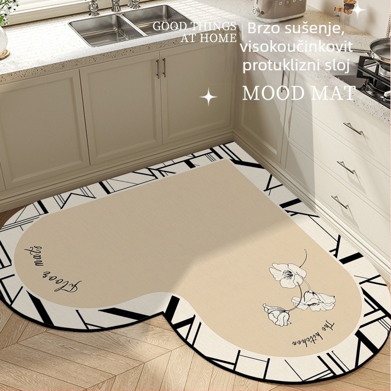 Prostirka kuhinjskog srcolikog oblika s prugastim uzorkom, od poliesterskog vlakna, tisak, strojno pranje, pogodna za blagovaonu, kuhinju, kupaonu, ulaz, balkon, lagan luksuzan stil