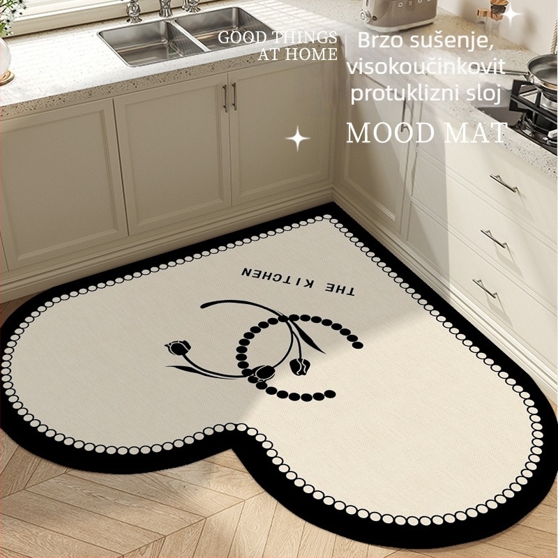 Prostirka kuhinjskog srcolikog oblika s prugastim uzorkom, od poliesterskog vlakna, tisak, strojno pranje, pogodna za blagovaonu, kuhinju, kupaonu, ulaz, balkon, lagan luksuzan stil