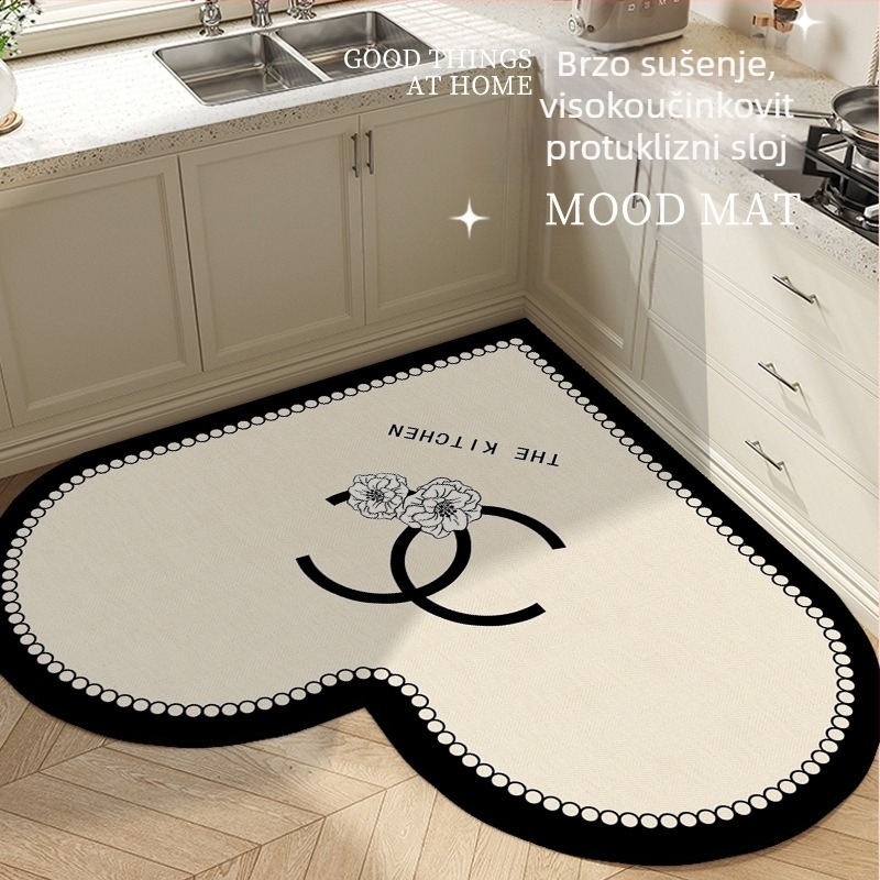 Prostirka kuhinjskog srcolikog oblika s prugastim uzorkom, od poliesterskog vlakna, tisak, strojno pranje, pogodna za blagovaonu, kuhinju, kupaonu, ulaz, balkon, lagan luksuzan stil