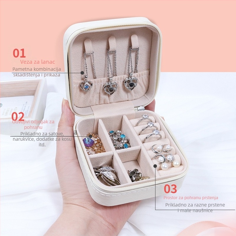 Prijenosna kutija za pohranu nakita od PU kože, kompaktni organizator za ogrlice, naušnice, prstene, ruž za usne i satovi, privatna oznaka dostupna