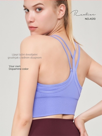 Sportski grudnjak-vest za trčanje i fitness - bezšivne, nylon-ammonium mješavina (92% najlon, 8% spandex podstava); pune šalice; kalupi s vrhom tanakim i dnom debelim; fiksne dvostruke naramenice; jacquard dizajn