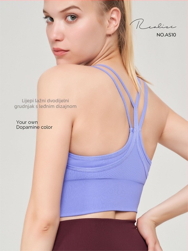 Sportski grudnjak-vest za trčanje i fitness - bezšivne, nylon-ammonium mješavina (92% najlon, 8% spandex podstava); pune šalice; kalupi s vrhom tanakim i dnom debelim; fiksne dvostruke naramenice; jacquard dizajn