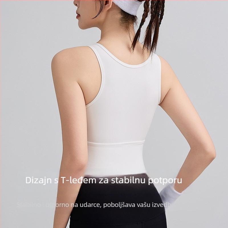Ženski sportski grudnjak, glavni materijal: najlon, podstava od spandexa (<30%), puna kupa, srednje oblikovana kupa, fiksirani dvostruki naramenice, prozračan, upija znoj, udoban