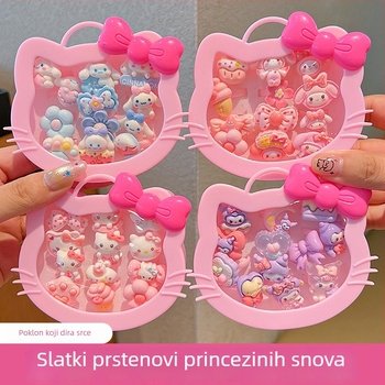 Dječji prsten Kuromi – crtani stil, plast/smola, ružičasti kvarc, za uzrast 3–10 godina, tehnika otiskivanja