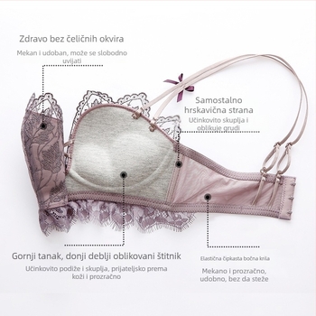 Ženski bežični grudnjak s čipkom i oblikovanjem, komplet s leđnim dizajnom; 3/4 košarica, oblik košarice: gornja tanka, donja debela; uklonjive dvostruke naramenice, stražnje četiri reda kopči
