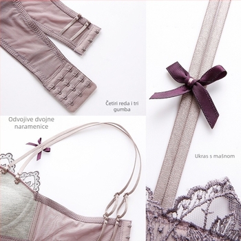 Ženski bežični grudnjak s čipkom i oblikovanjem, komplet s leđnim dizajnom; 3/4 košarica, oblik košarice: gornja tanka, donja debela; uklonjive dvostruke naramenice, stražnje četiri reda kopči