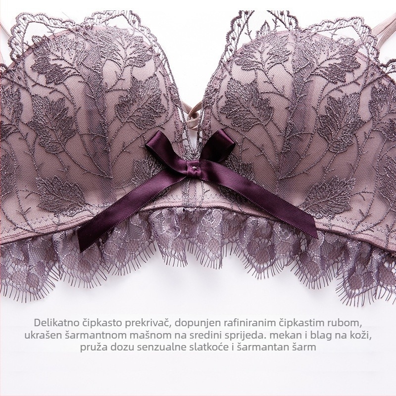 Ženski bežični grudnjak s čipkom i oblikovanjem, komplet s leđnim dizajnom; 3/4 košarica, oblik košarice: gornja tanka, donja debela; uklonjive dvostruke naramenice, stražnje četiri reda kopči