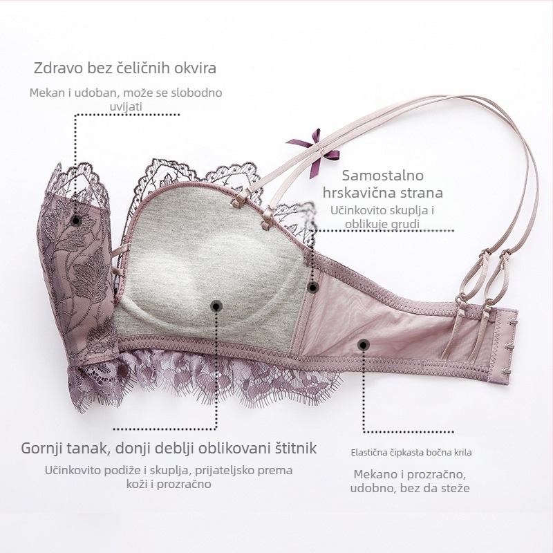 Ženski bežični grudnjak s čipkom i oblikovanjem, komplet s leđnim dizajnom; 3/4 košarica, oblik košarice: gornja tanka, donja debela; uklonjive dvostruke naramenice, stražnje četiri reda kopči