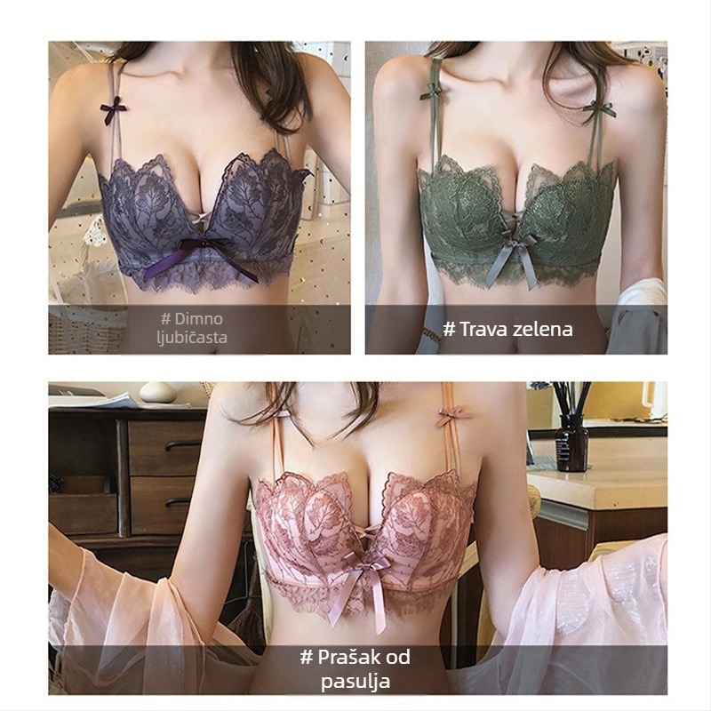 Ženski bežični grudnjak s čipkom i oblikovanjem, komplet s leđnim dizajnom; 3/4 košarica, oblik košarice: gornja tanka, donja debela; uklonjive dvostruke naramenice, stražnje četiri reda kopči
