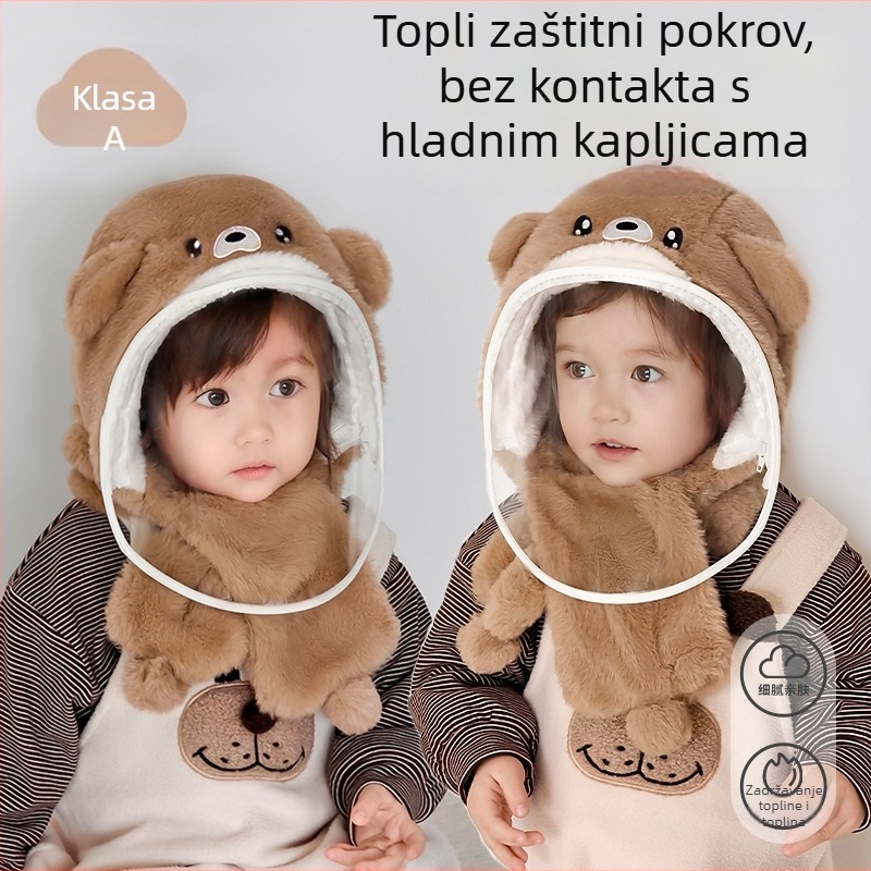Dječja zimska kapa s kapuljacom i šalom u jednom, podstavljena velurom, otporna na vjetar, za djecu 1–10 godina